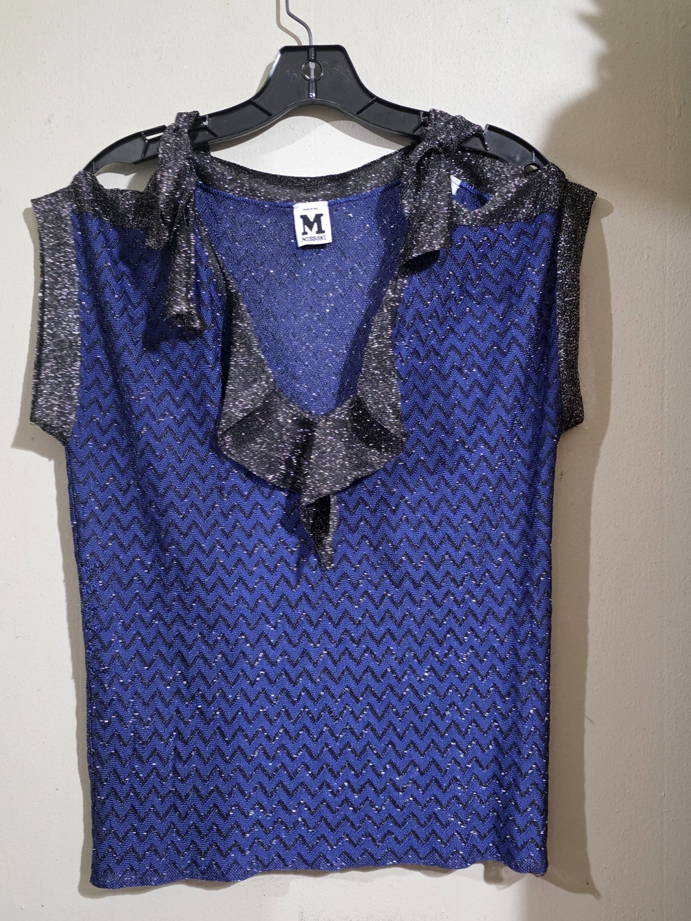 Missoni Blue and Silver Lurex Zigzag Knit Sleeveless Top Used Size 42